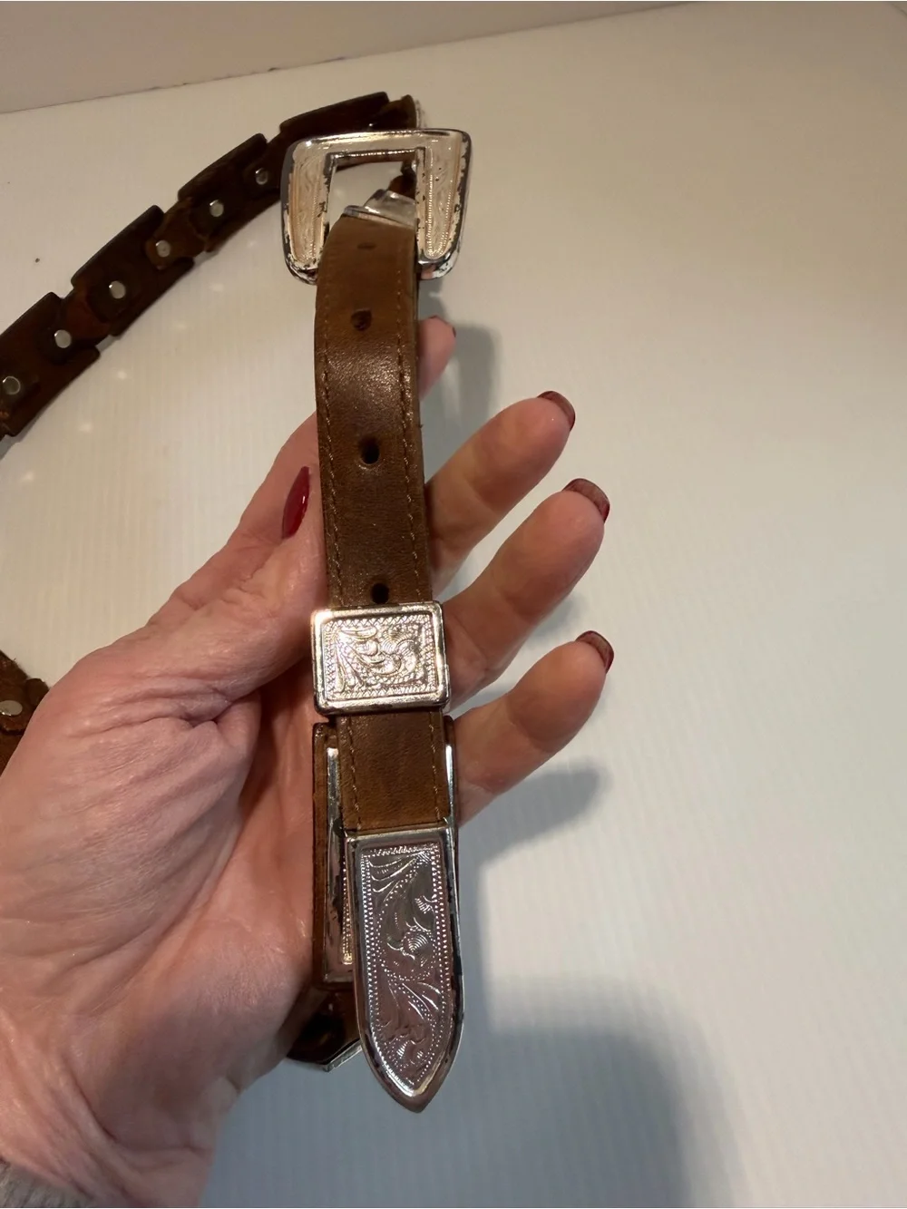 Vintage Western Ranger Belt Size 34 Brown Leather Silver Segment Plaque Concho